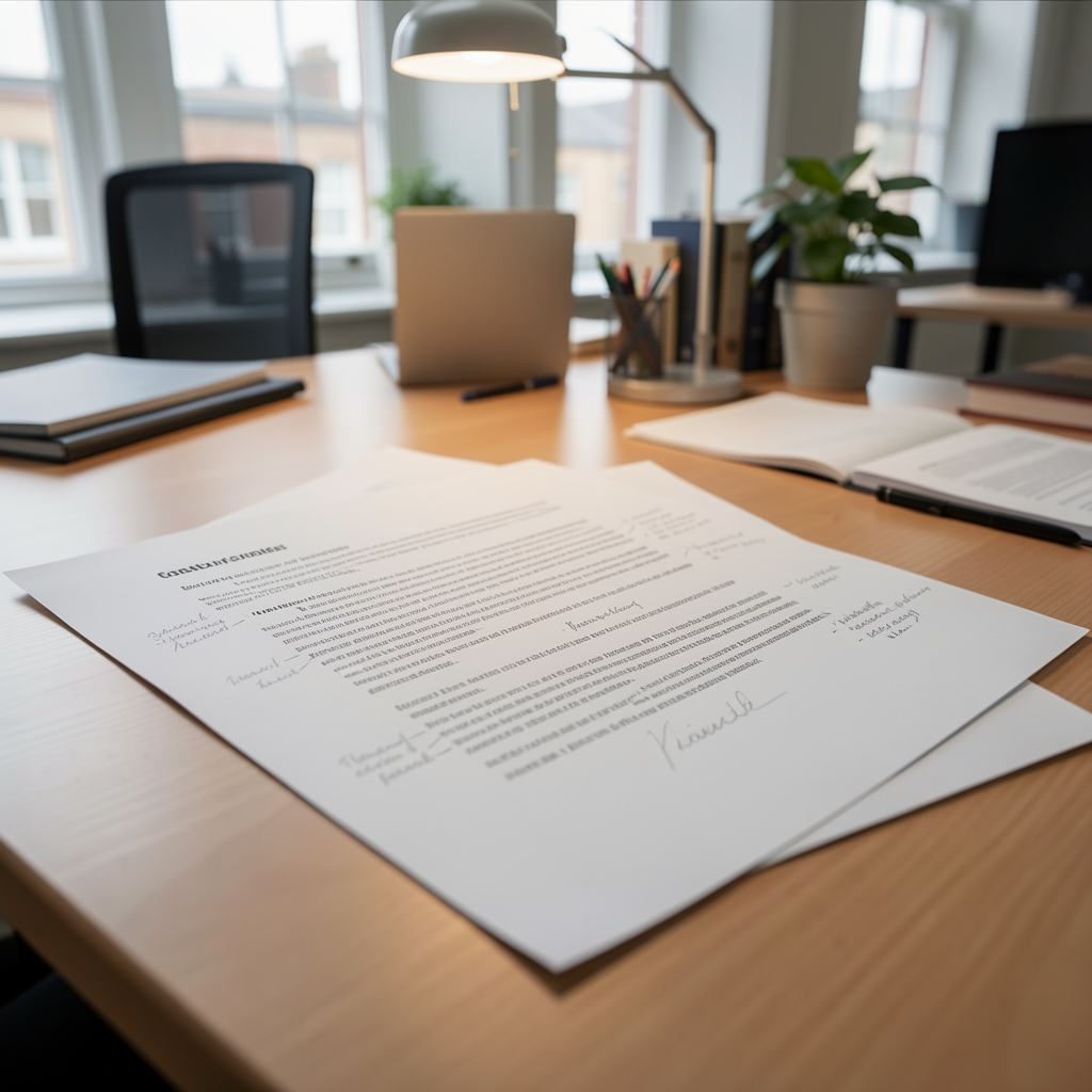 Close-up of a printed article draft with handwritten editorial annotations in pencil on a desk in a quiet London office with soft overhead lighting