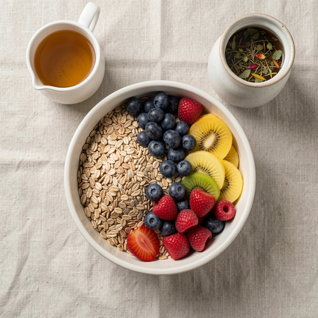 Overhead view of a carefully arranged whole-grain breakfast bowl with seasonal fruit, seeds, and a small pot of herbal tea on a light linen surface